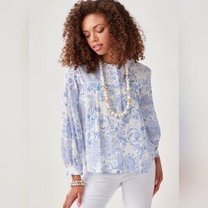 Women's CHARLIE PAIGE Aynsley Print Blue/White Pleated‎ Blouse- Size Small